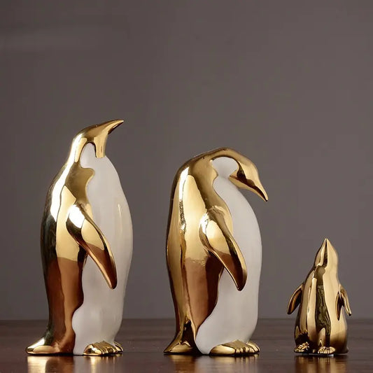 Ceramic Gold Penguin Family Sculpture Set